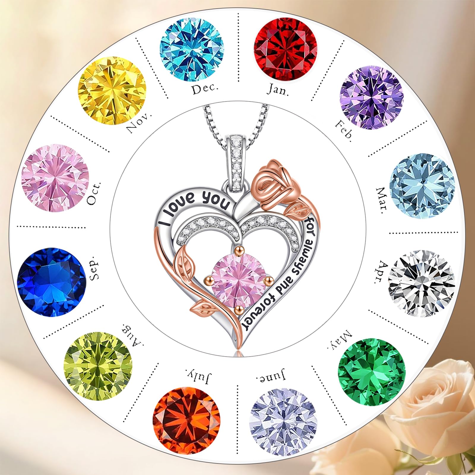 Rose Birthstone Heart Necklaces for Women S925 Sterling Silver I Love You Jewelry Gift for Women Birthday Wedding Anniversary, Mother’s Day Gifts for Mom, Mother, Wife, Girlfriend with Birthstone Pendent Necklace (10-White Gold-Oct)