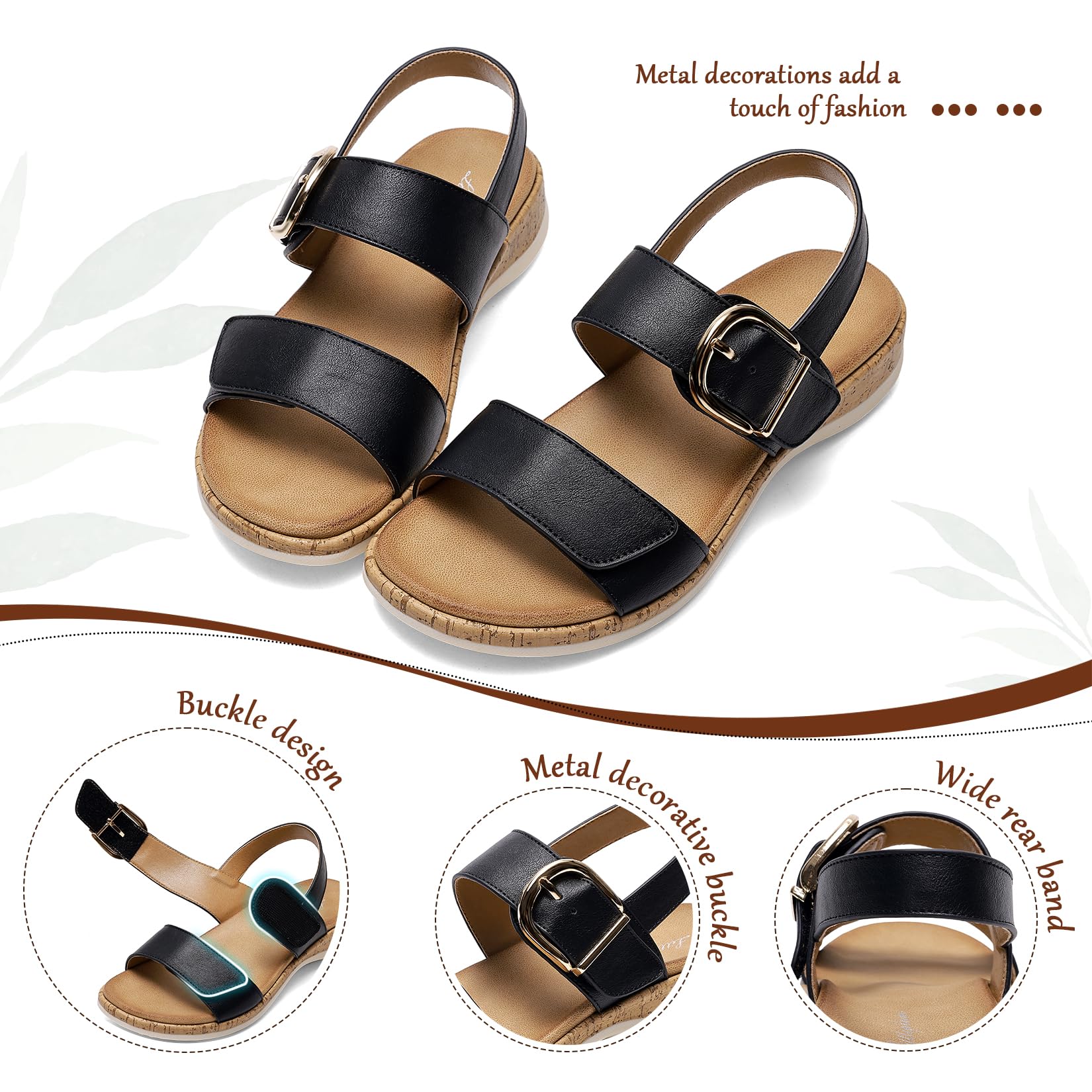 Littleplum Sandals for Women Arch Support – Comfortable Flat Womens Sandals, Summer Breathable Adjustable Orthotic Walking Shoes for Beach,Travel Black Size 6