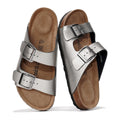 Project Cloud 100% Genuine Leather Flat Sandals For Women 2026 Cork Footbed Womens Sandals with Memory Foam and arch support Vacation Essentials Slides for Women Footwear (Venita, Pewter, 5.5)