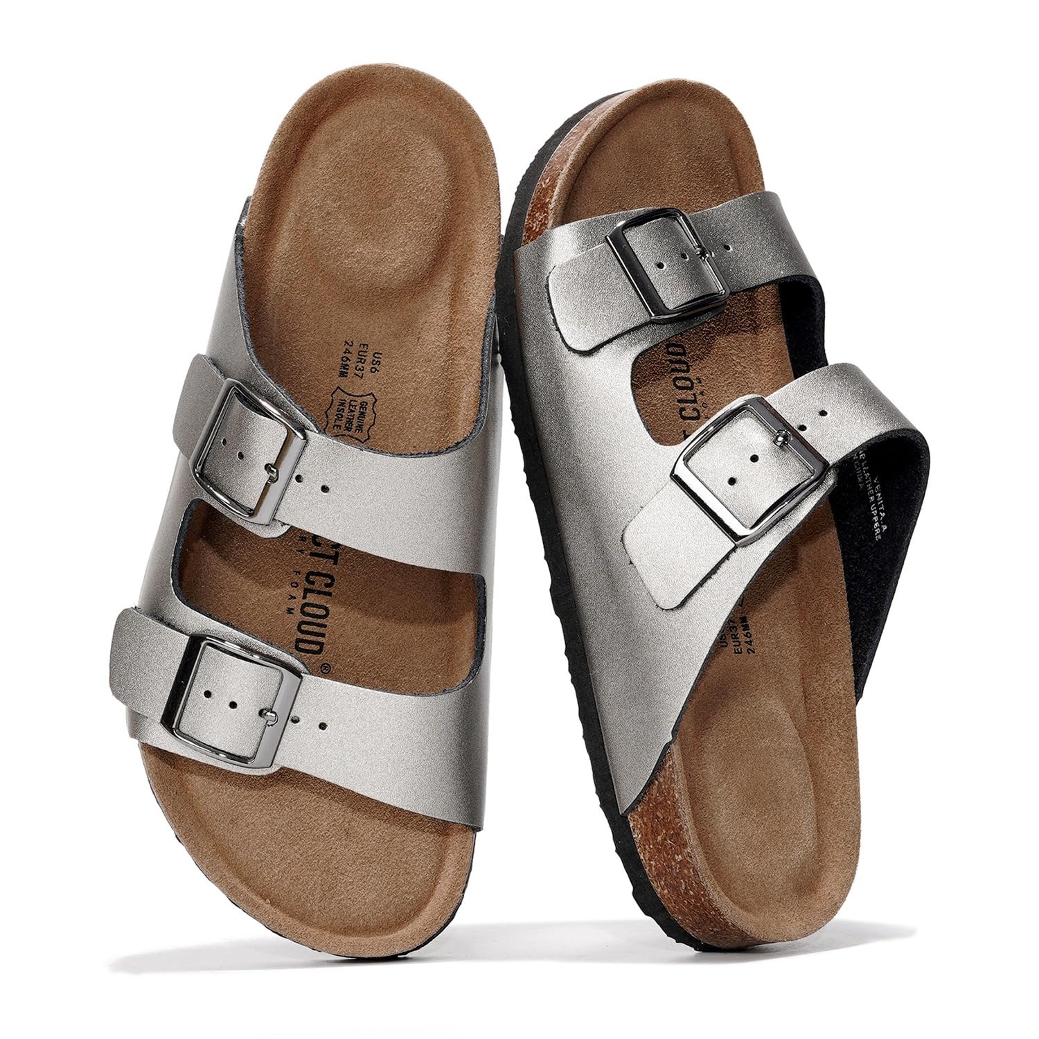 Project Cloud 100% Genuine Leather Flat Sandals For Women 2026 Cork Footbed Womens Sandals with Memory Foam and arch support Vacation Essentials Slides for Women Footwear (Venita, Pewter, 5.5)