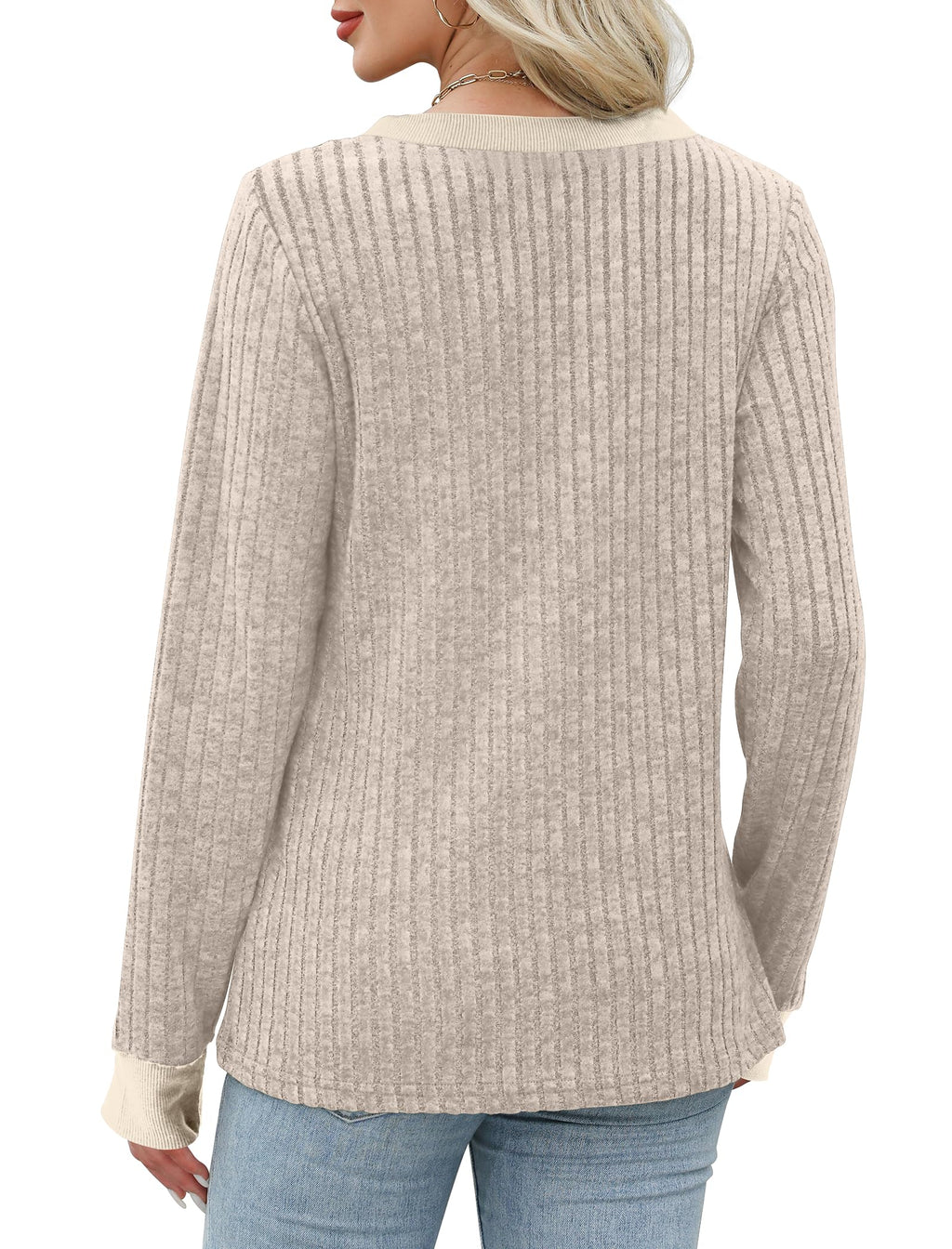 Sampeel V Neck Sweaters for Women Fall Trendy 2025 Long Sleeve Work Shirts Dressy Casual Tops Fashion Outfits Khaki M