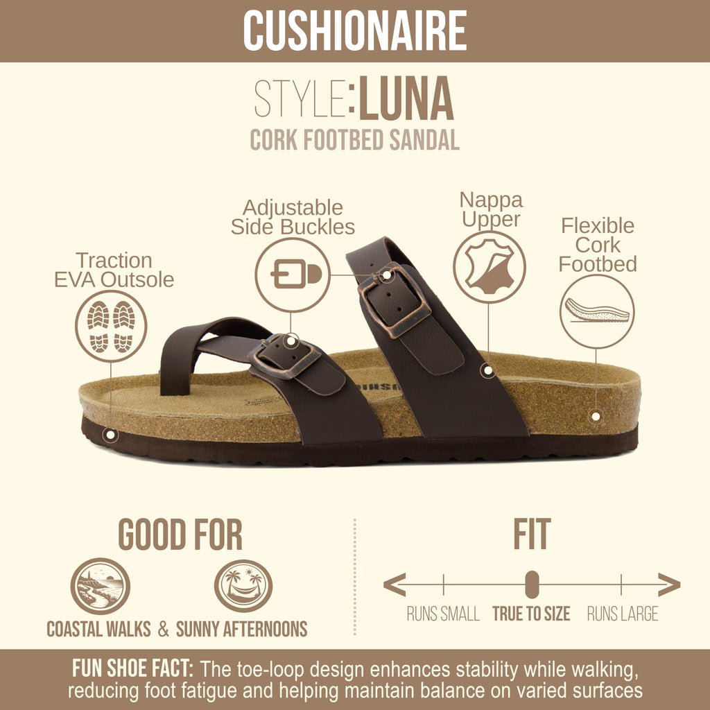 CUSHIONAIRE Luna Sandals for Women, Cork Footbed Womens Sandals for Summer Comfort with Adjustable Straps, Wide Width Available, BROWN 10