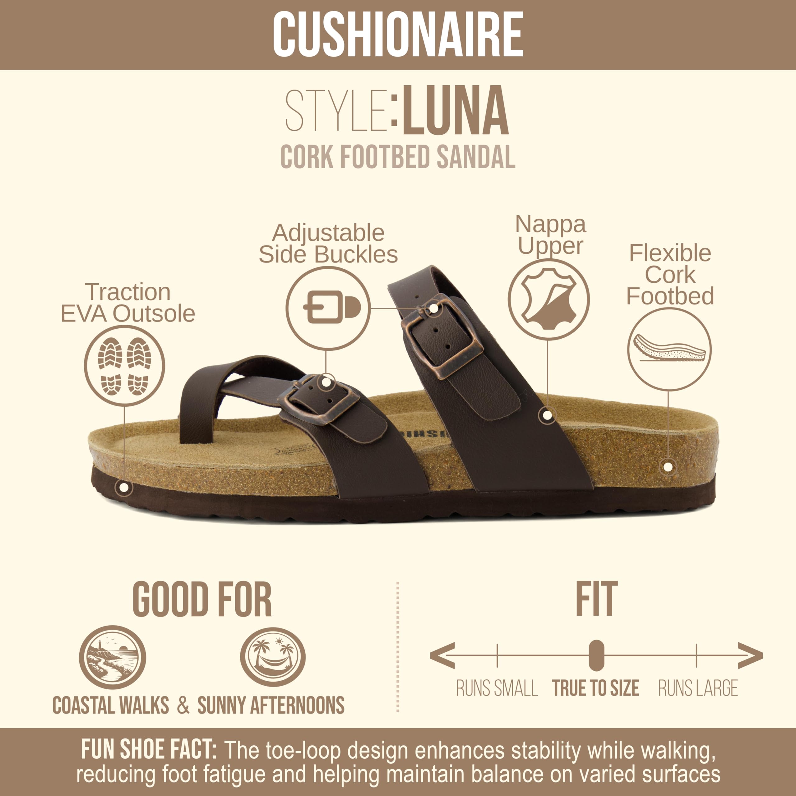 CUSHIONAIRE Luna Sandals for Women, Cork Footbed Womens Sandals for Summer Comfort with Adjustable Straps, Wide Width Available, BROWN 10