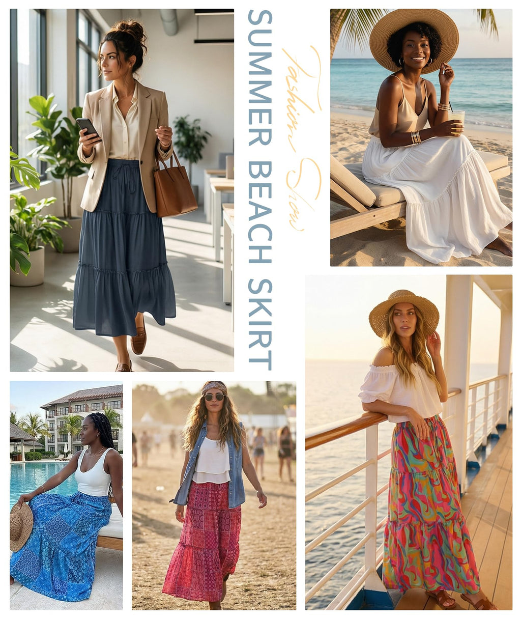 Trendy Lightweight Drawstring Tiered Ruffles Paisley Hippie Plus Size Bohemian Long Maxi Skirt with Deep Pockets Office Music Festival Travel Picnic Dating Fall Outfits Multicolor Abstract Wave L