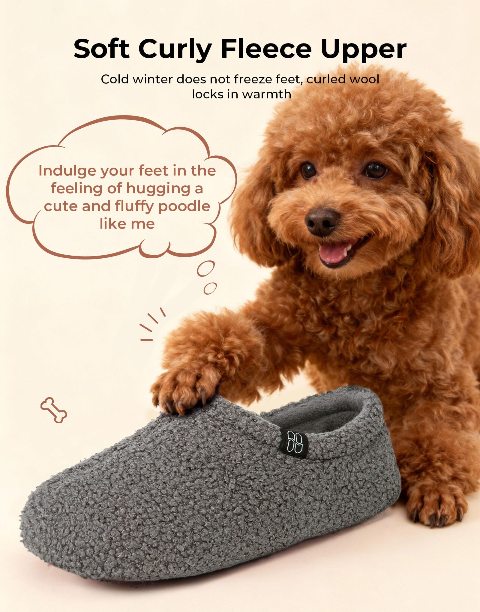 HomeTop Women's Fuzzy Curly Fur Memory Foam Loafer Slippers Bedroom House Shoes with Polar Fleece Lining (9-10, Grey)