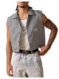 GORGLITTER Men's Gingham Plaid Cropped Shirt Button Up Sleeveless Boxy Y2K Collar Streetwear Vest Tops Black and White Small