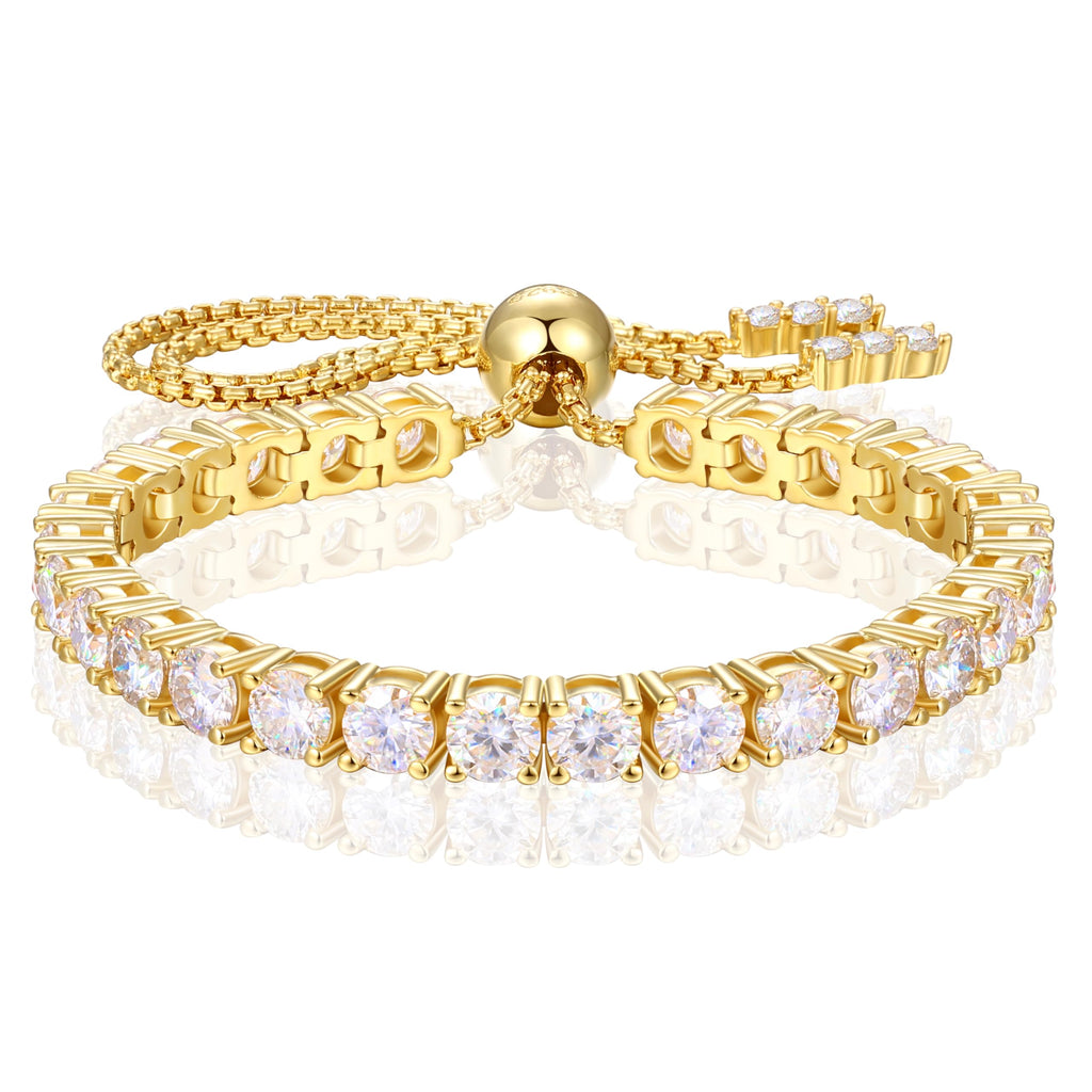 Moissanite Tennis Bracelet, 8.69 Carats Adjustable Bracelet for Women 18K Yellow Gold Plated S925 Sterling Silver Tennis Bracelet D Color VVS1 Round Cut 4MM Moissanite Bracelet Non Tarnish Bracelets