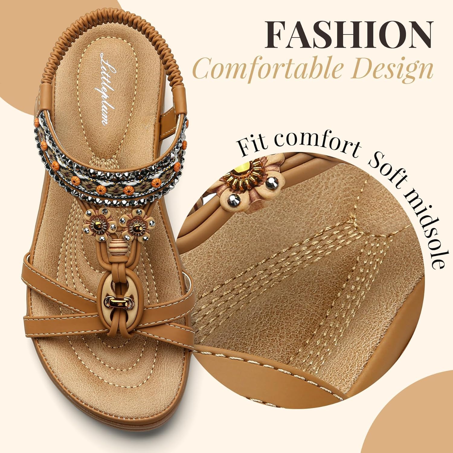 Littleplum Womens Sandals Arch Support Bohemian T-Strap Ankle Elastic Flower Rhinestone Sandals Women's Non Slip Summer Beach Flat Sandals Brown Size 8
