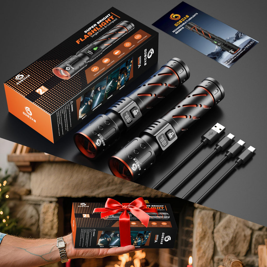 Gosdas Rechargeable Flashlights High Lumens 10000 2 Pack, Super Bright 30W LED, Long Lasting 12H, Single Click 3 Modes, Multifunctional USB C Input Output LCD Power Display, for Camping Hiking Home