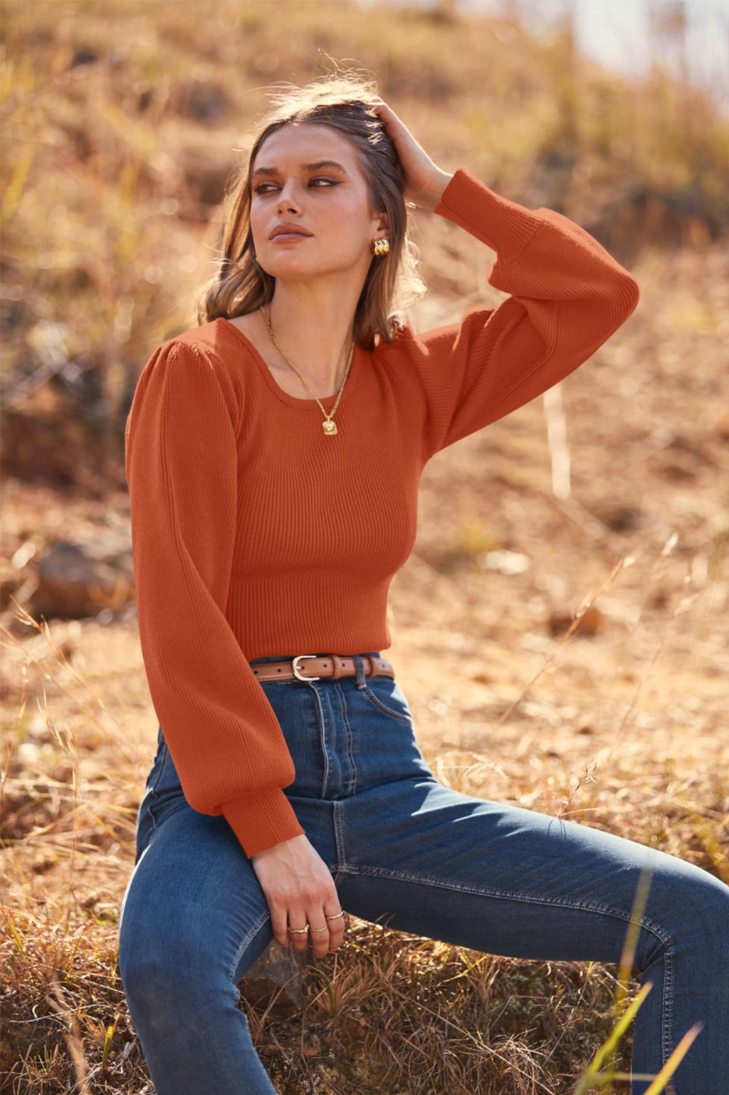 MASCOMODA Long Puff Sleeve Sweaters for Women 2026 Spring Winter Crewneck Knit Ribbed Bodysuit Pullover Tops (Rust Red, Medium)