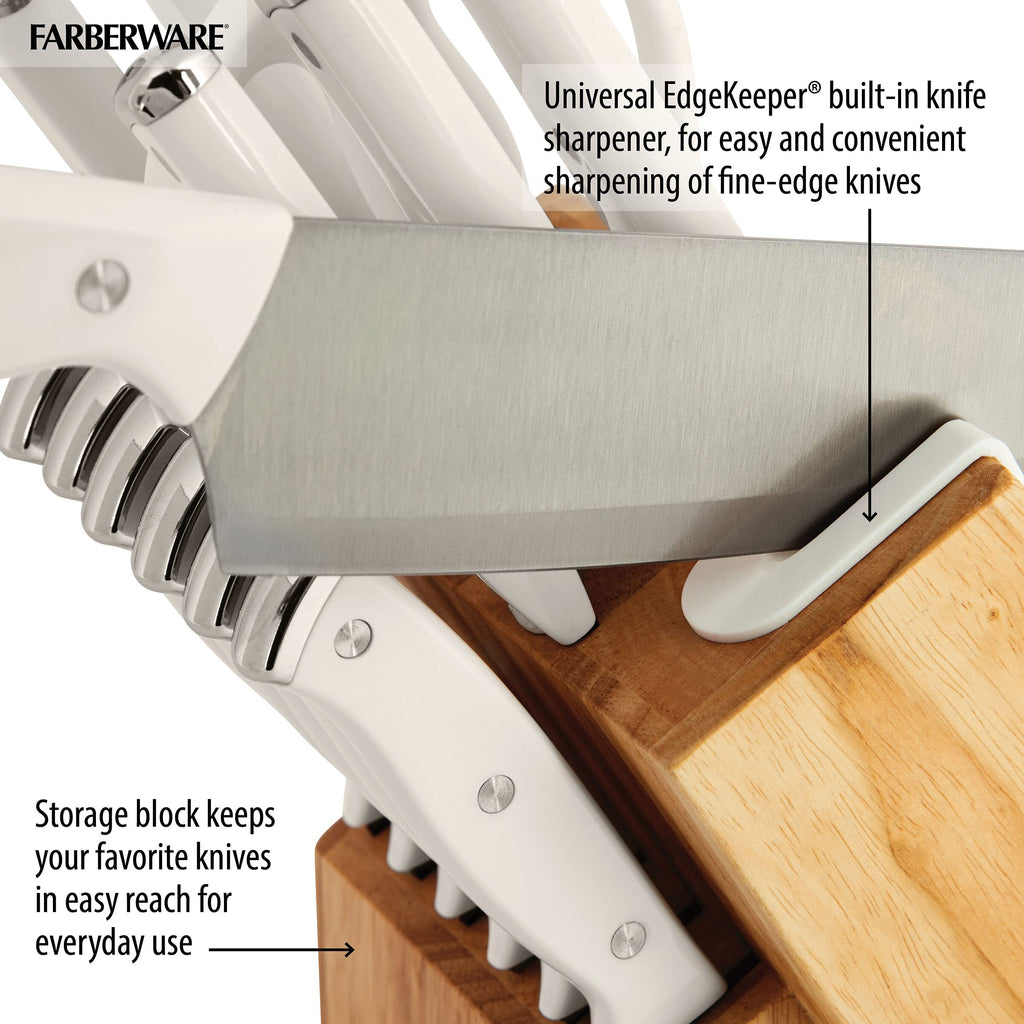 Farberware Edgekeeper Triple Riveted Knife Block Set with Built in Sharpener, 14-Piece, White