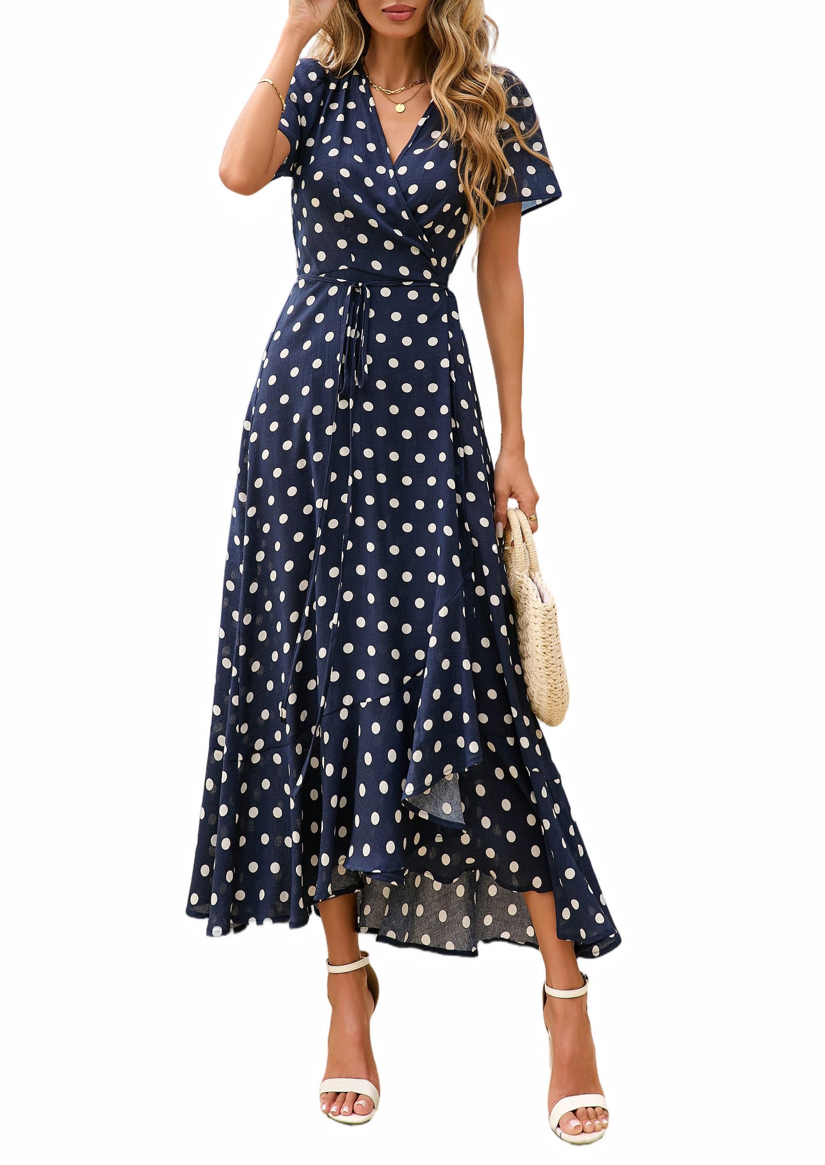 PRETTYGARDEN Women's Boho Floral Maxi Dress Summer Short Sleeve Wrap V Neck Long Flowy Beach Vacation Wedding Guest Dresses (Dot Navy White,Medium)