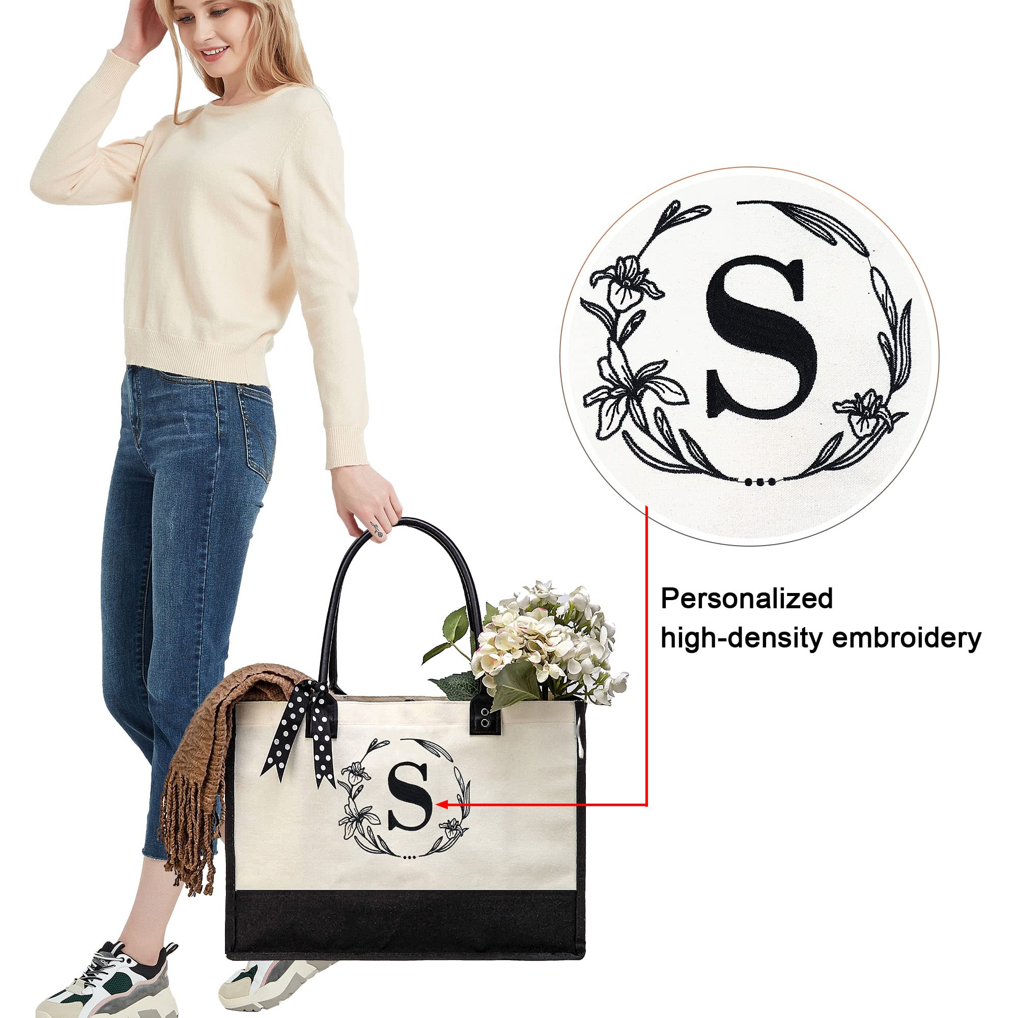 BeeGreen Christmas Birthday Gifts for Her Initial-Monogram-Tote-Bag-for-Women-Friends-Mother with Embroidery Initial Monogram, Large Canvas Tote Bag for Thank you Gifts S