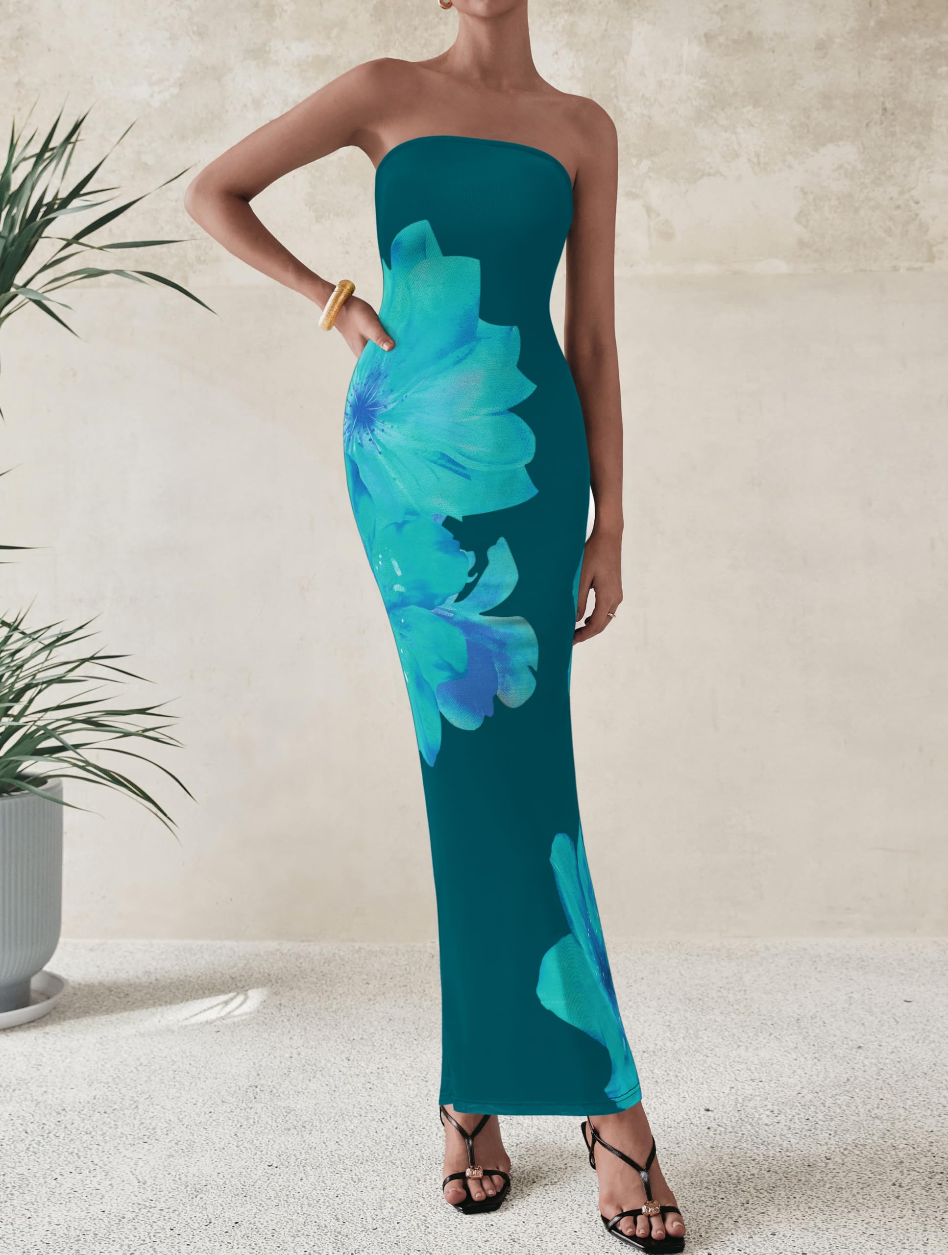 PRETTYGARDEN Women Summer Strapless Maxi Dress Bodycon Floral Sexy Long Wedding Guest Dress Formal Tube Mesh Cocktail Dresses(Dark Green Floral,Large)