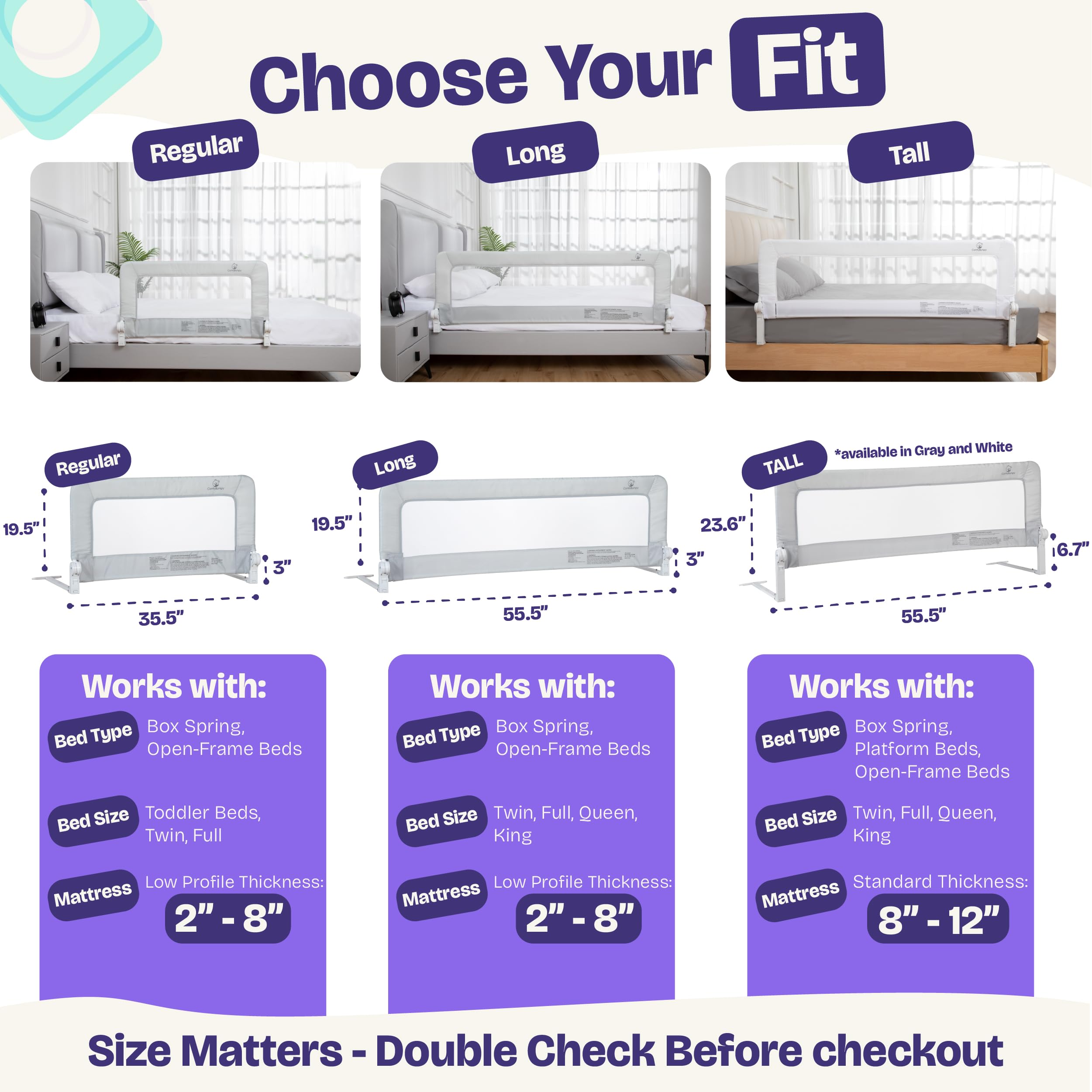 ComfyBumpy 1-Pack Bed Rail for Toddlers 55.5" L x 19.5" H | Toddler Bed Rails for Twin, Full, Queen & King Mattress Size | Swing Down Rail Guard | Mattress Side Rail for Kids | Gray