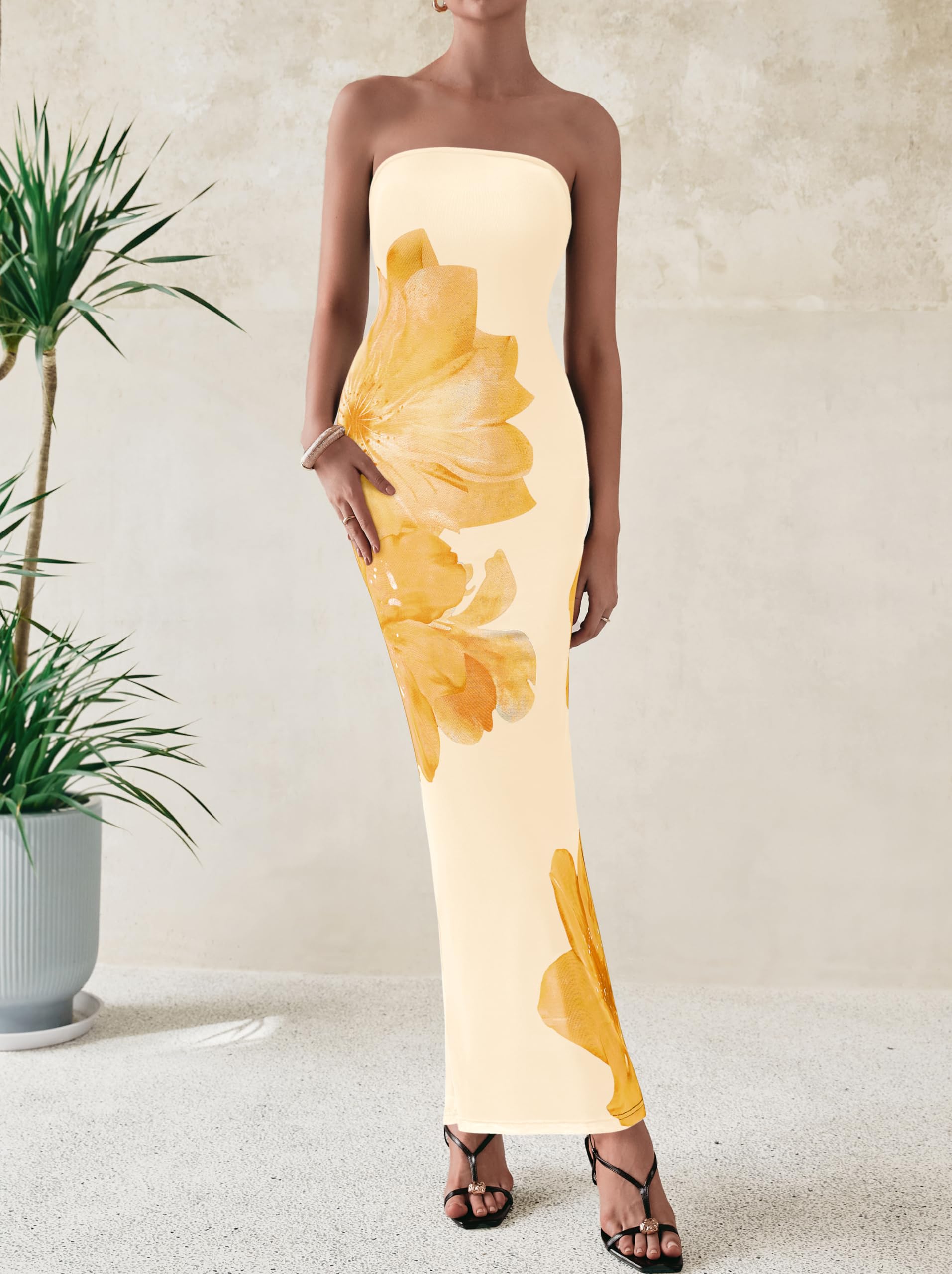 PRETTYGARDEN Women Summer Strapless Maxi Dress Bodycon Floral Sexy Long Wedding Guest Dress Formal Tube Mesh Cocktail Dresses(Yellow Flower,X-Small)