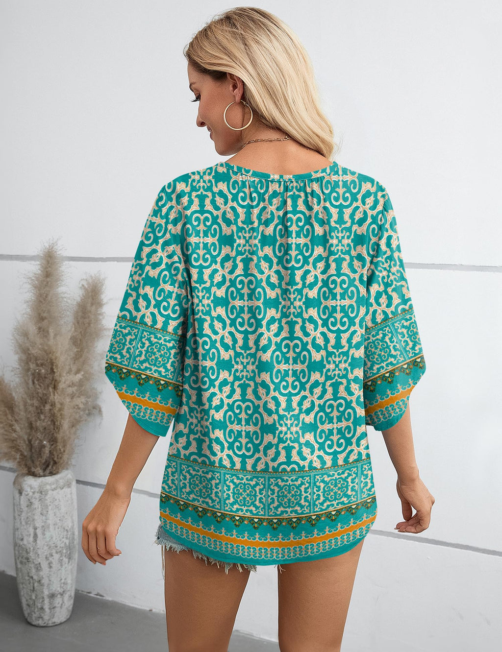 LOMON Womens Plus Size Boho Tops 3/4 Sleeve Linen Top Flowy & Dressy Casual Beach or Office Wear Blue 3XL