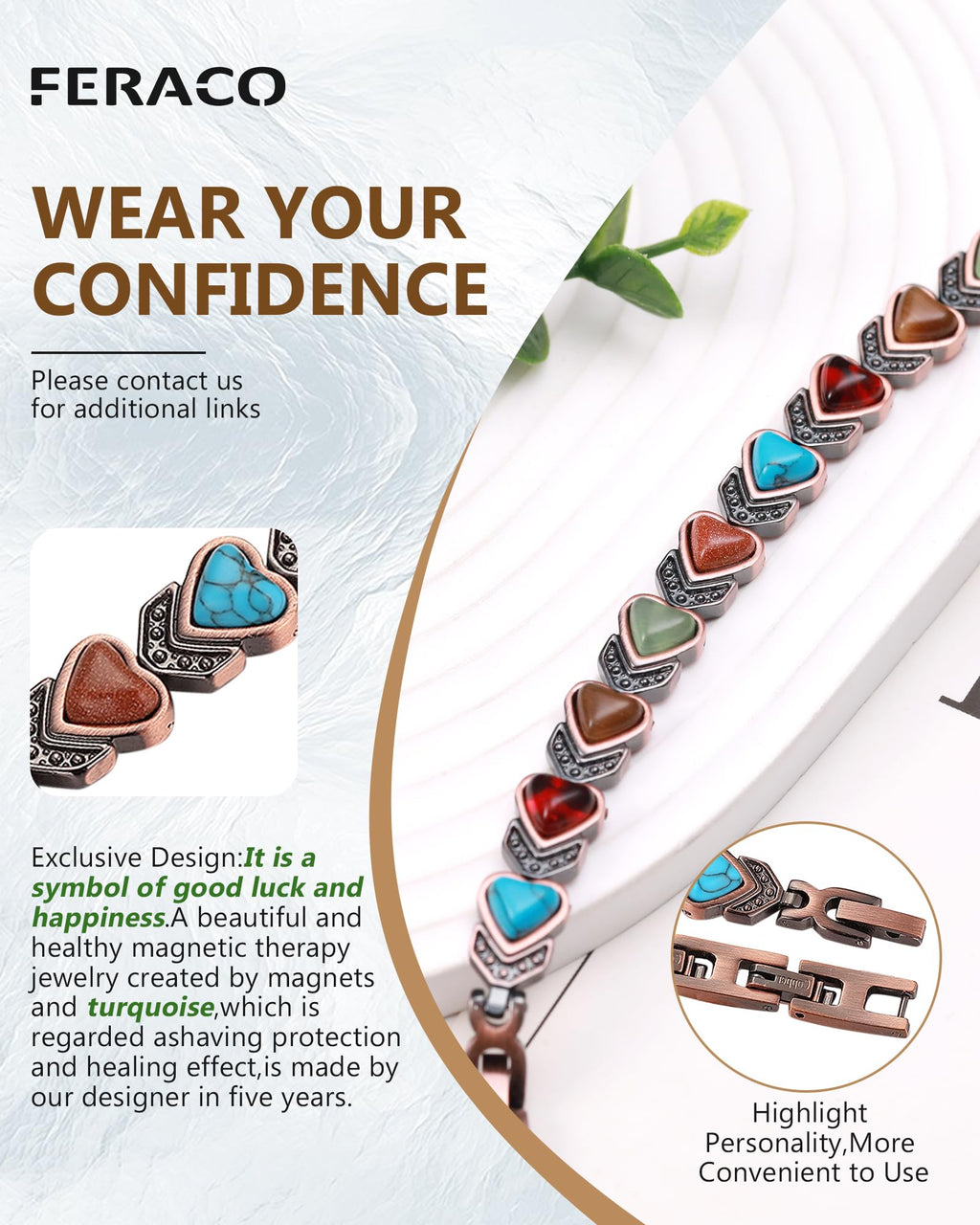 Feraco Copper Bracelet for Women-Pure Copper Magnetic Therapy Bracelets,Heart-shaped Natural Turquoise Gem Magnetic Bracelets,Upgraded Version-3800 Gauss Effective Magnet-Bangle Gifts for Women