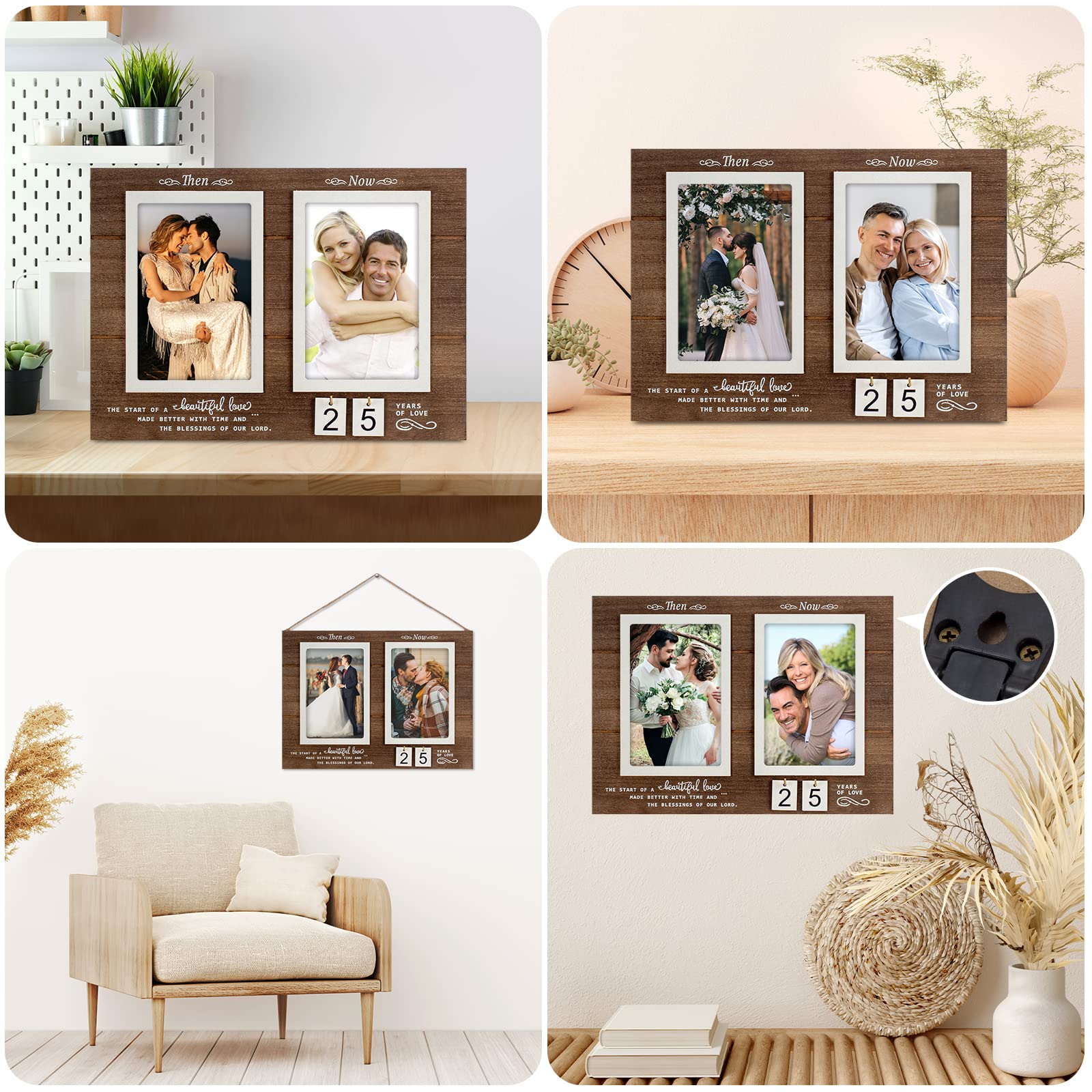 Then & Now Anniversary Picture Frame, 1-99 Years Wedding Gift Ideas - Anniversary Wood Photo Frame, Engagement Bridal Shower Gifts with Sentimental Quote - Holds 2 4x6 Inches Photos (Then & Now)