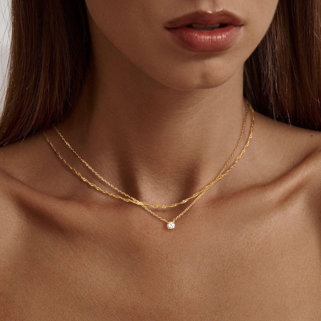 Tewiky Dainty Layered 14K Gold Plated Cubic Zirconia Necklace for Women, Simple Solitaire Pendant Chain Choker Necklaces Set Cute CZ Trendys Gold Jewelry Gift