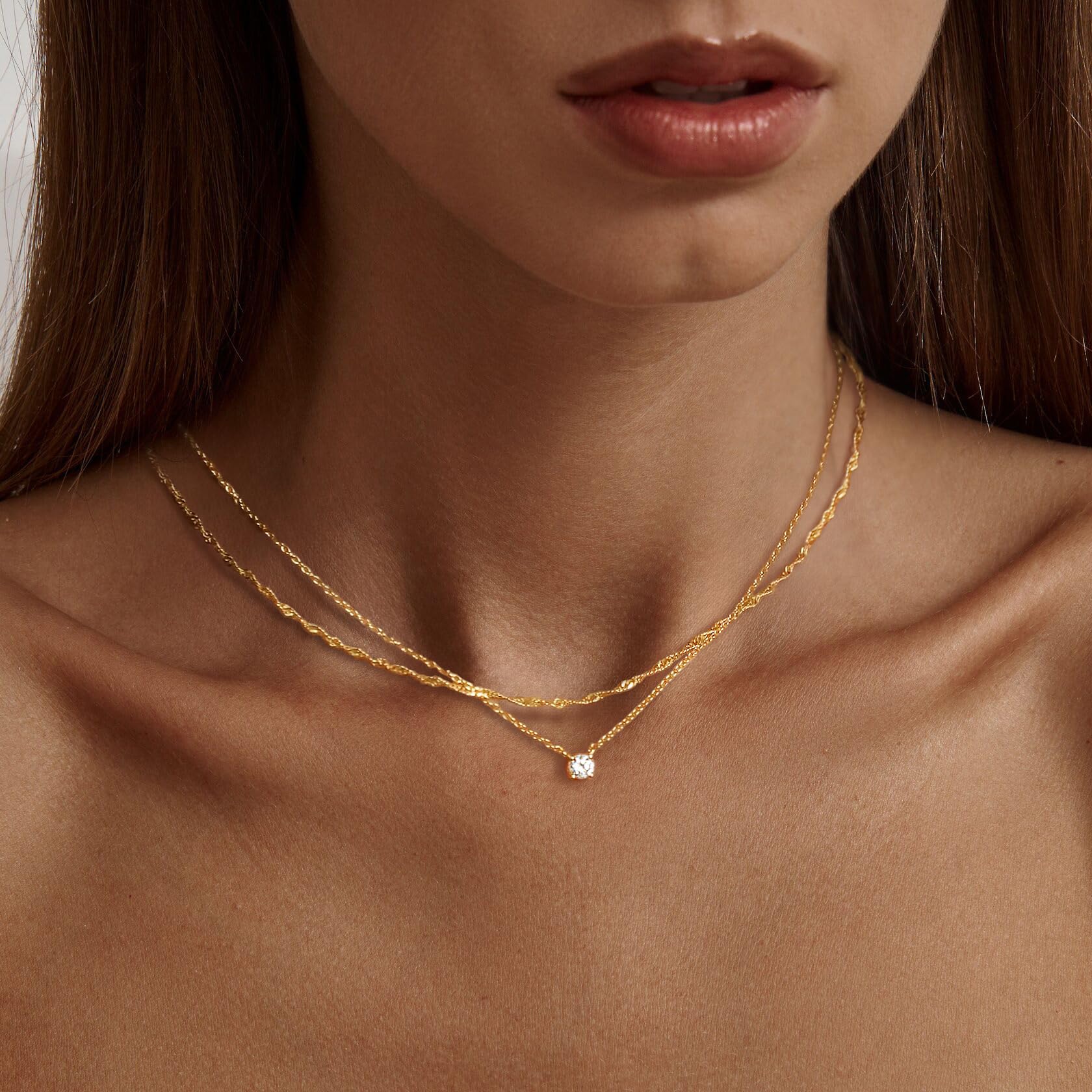 Tewiky Dainty Layered 14K Gold Plated Cubic Zirconia Necklace for Women, Simple Solitaire Pendant Chain Choker Necklaces Set Cute CZ Trendys Gold Jewelry Gift