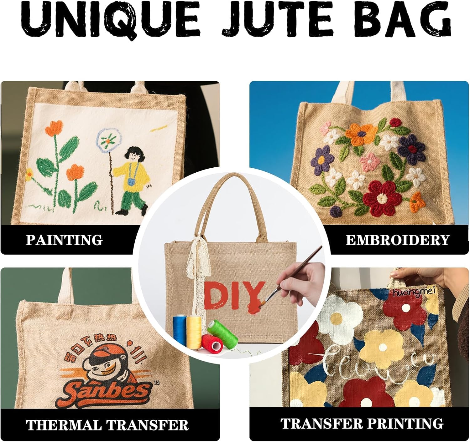 8pcs Burlap Tote Bag Set with Handles, Waterproof Reusable Blank Water Resistant Grocery Bags with Ribbon Large Jute Tote 15.35*6*12 In for Women Bridesmaid Gift Christmas Shopping Wedding Travel DIY