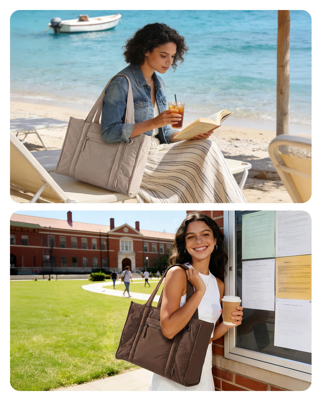 BAGSMART Boxy Tote Bag for Women, Crossbody Bag with Zipper, Crush Bow Purses for Travel Work College, Tan, Large