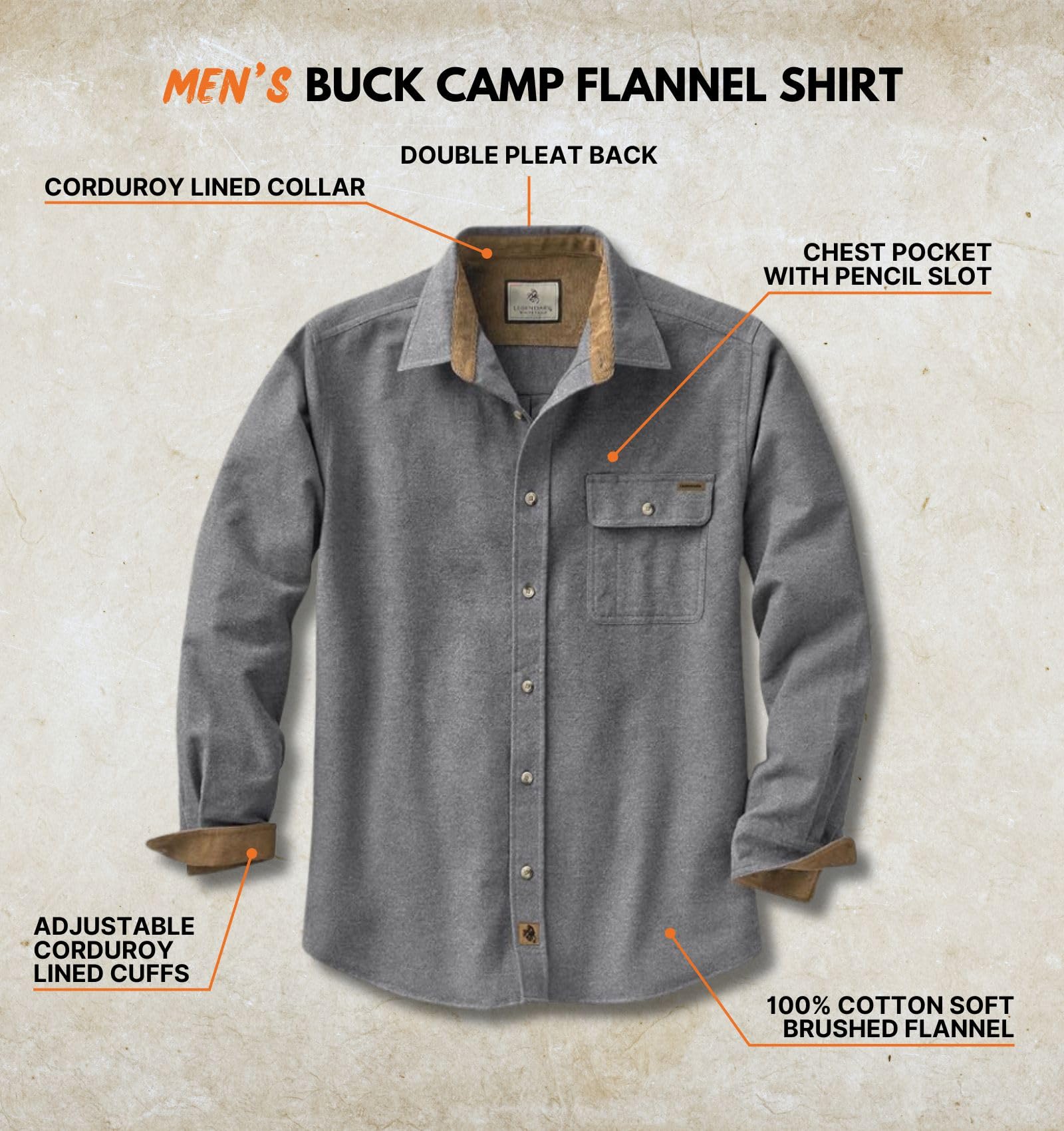 Legendary Whitetails Mens Long Sleeve Button Down 100% Cotton Flannel Shirt, Charcoal Heather, LRG
