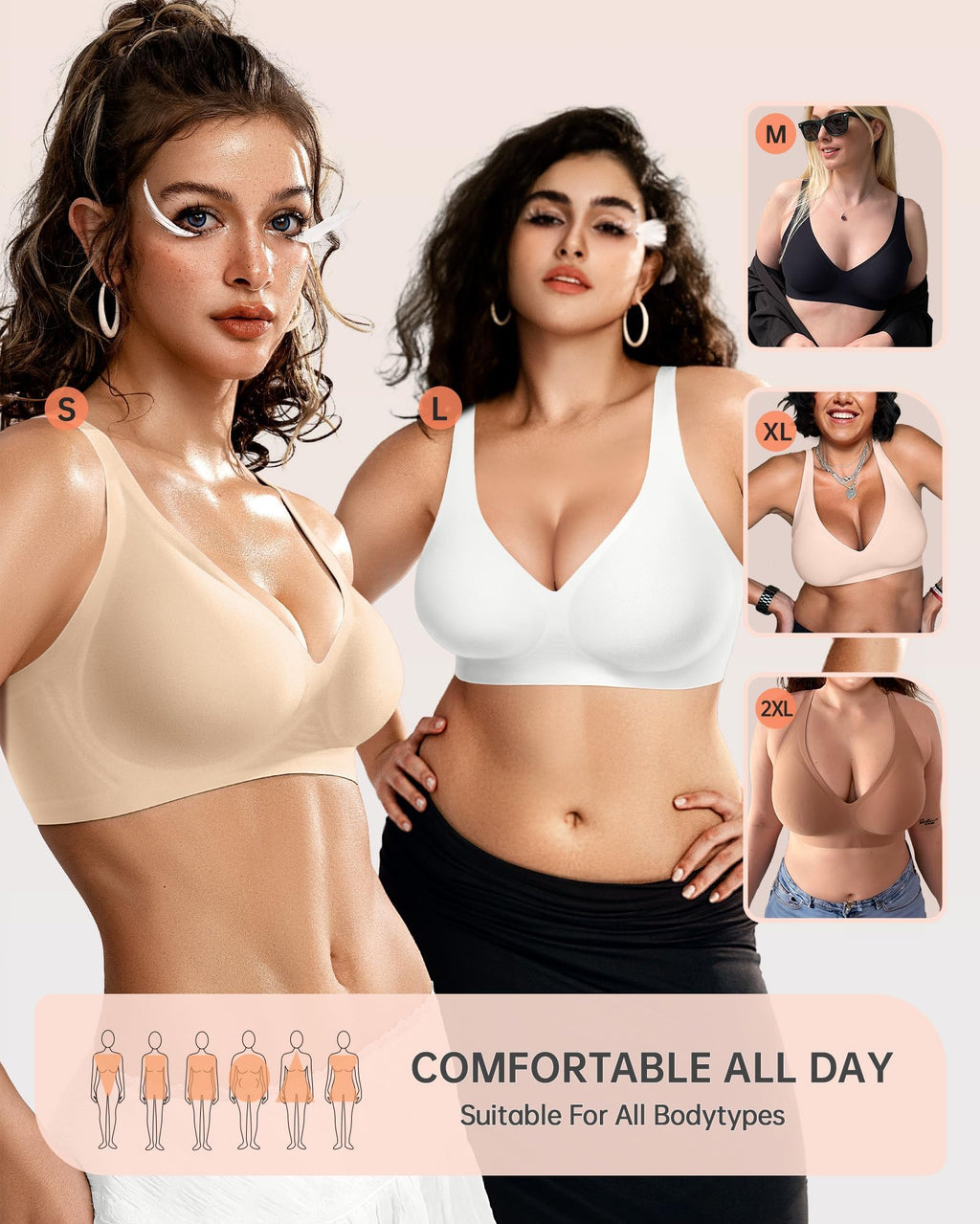 OEAK Womens Deep V Bras Wireless Comfortable Bra Supportive No Underwire Bras Tshirt Push Up Bralettes Plunge Seamless Bra Beige L
