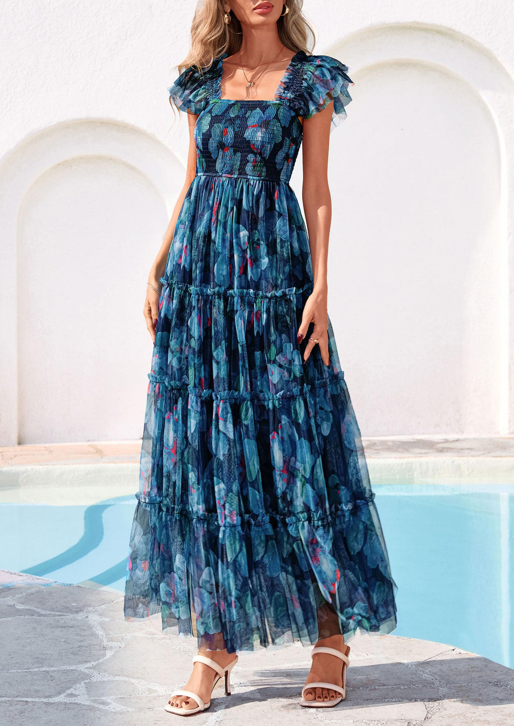 PRETTYGARDEN Women's Summer Tulle Midi Dress Sleeveless Smocked Ruffle Flowy Mesh Dresses Party Wedding Guest Sundress (Floral Navy Blue,Large)