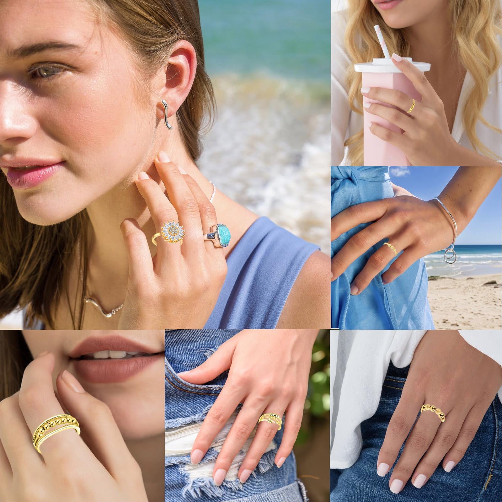 LOWNOUR Fidget Ring Anxiety Rings for Women Gold 9pcs Adjustable Spinner Ring CZ Diamond Sunflower Moon Star Four Leaf Heart Bead Fidget Rings for Anxiety Stress Relief for Women