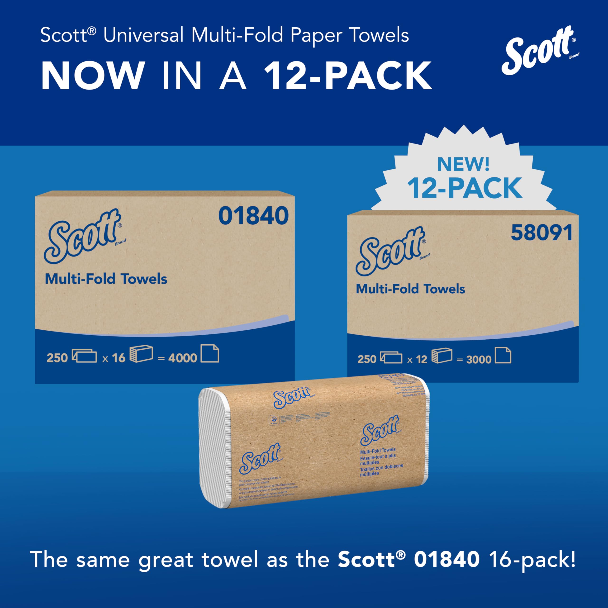 Scott Professional Universal Multifold Paper Towels, Bulk (58091), Absorbency Pockets, White, 9.2"x9.4" Towel, White, Compressed, Compact (250 Sheets/Pack, 12 Packs/Case, 3,000 Sheet Total)