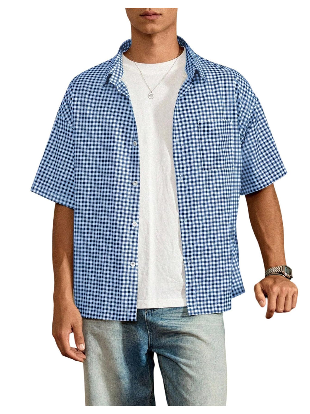 GORGLITTER Men's Plaid Button Up Crop Top Shirt Gingham Short Sleeve Tee Shirts Blue and White Small