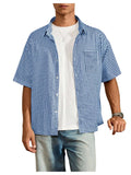 GORGLITTER Men's Plaid Button Up Crop Top Shirt Gingham Short Sleeve Tee Shirts Blue and White Small