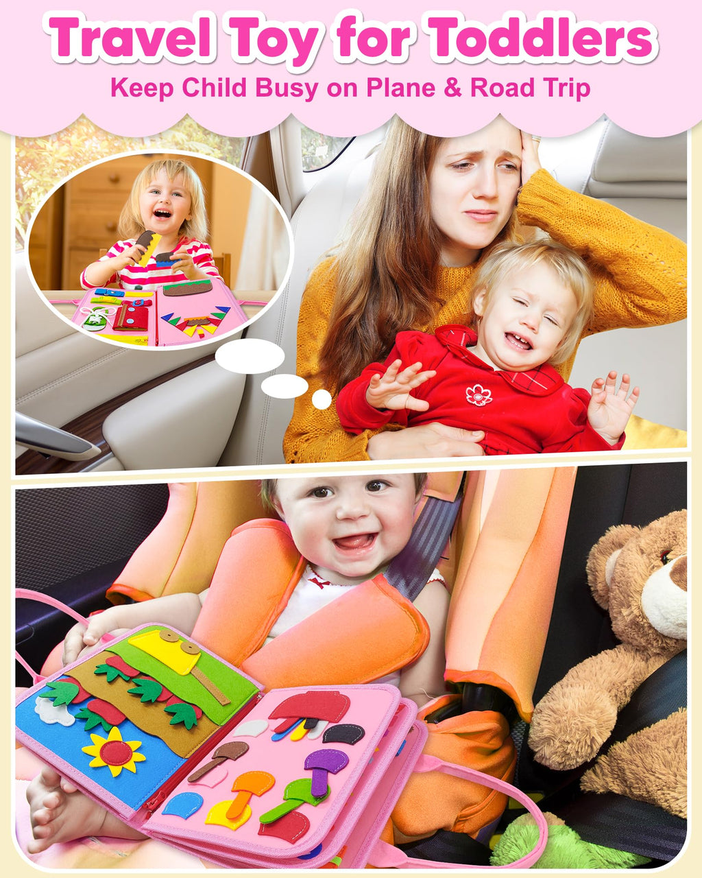 Exorany Busy Board Montessori Toys for Toddler Girl Birthday Gifts, Busy Book Sensory Learning Toys for Toddlers, Toddler Girl Airplane Car Travel Toy Educational Activities