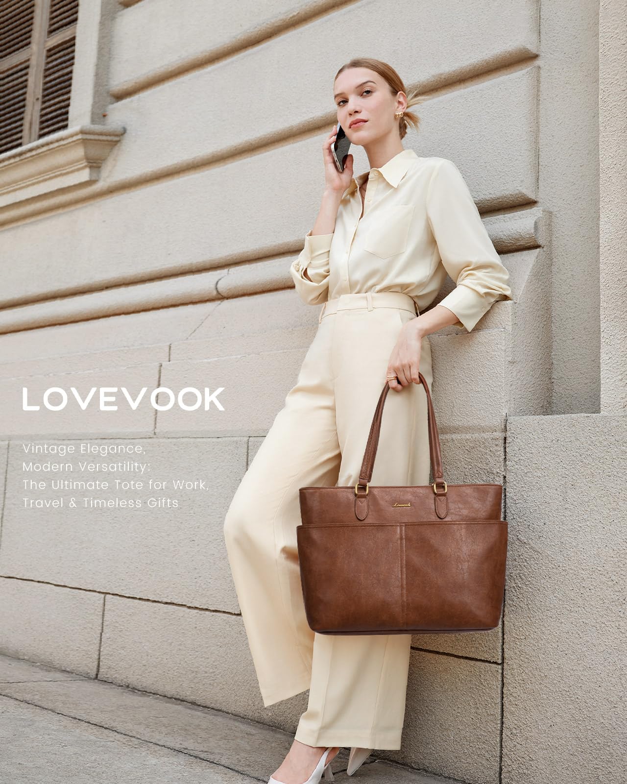 LOVEVOOK 15.6 Inch Laptop Bag for Women, Vintage Leather Work Tote Bags with Large Cup Holder, Teacher Nurse Medical Professional Computer Bag, Office Briefcase Handbag Gift