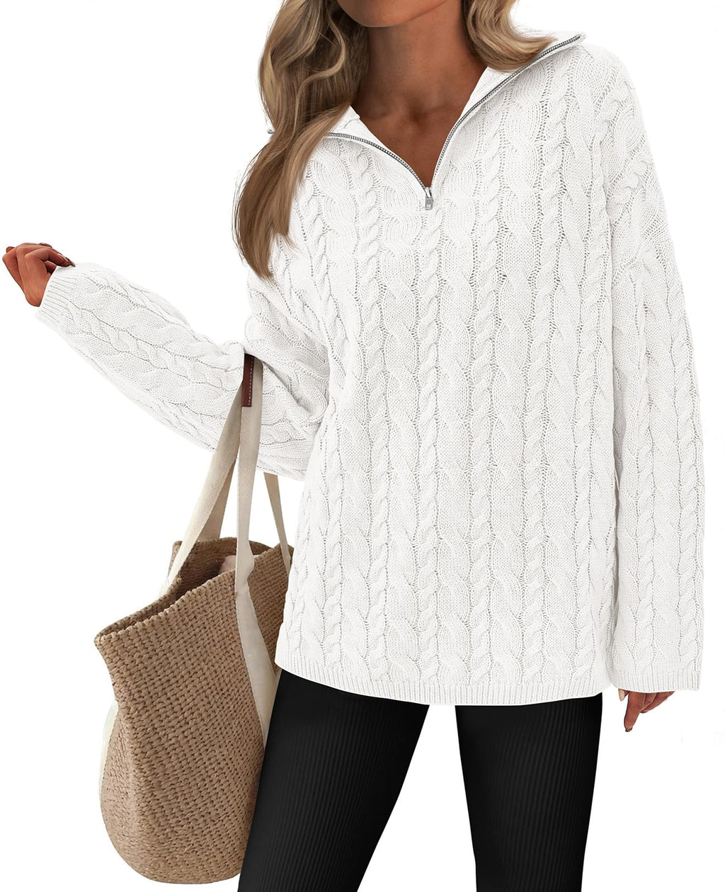 PRETTYGARDEN Womens Spring Sweaters 2026 Long Sleeve Quarter Zip Pullover Sweater Casual Loose V Neck Cable Knit Jumper Tops (White, Large)
