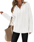 PRETTYGARDEN Womens Spring Sweaters 2026 Long Sleeve Quarter Zip Pullover Sweater Casual Loose V Neck Cable Knit Jumper Tops (White, Large)