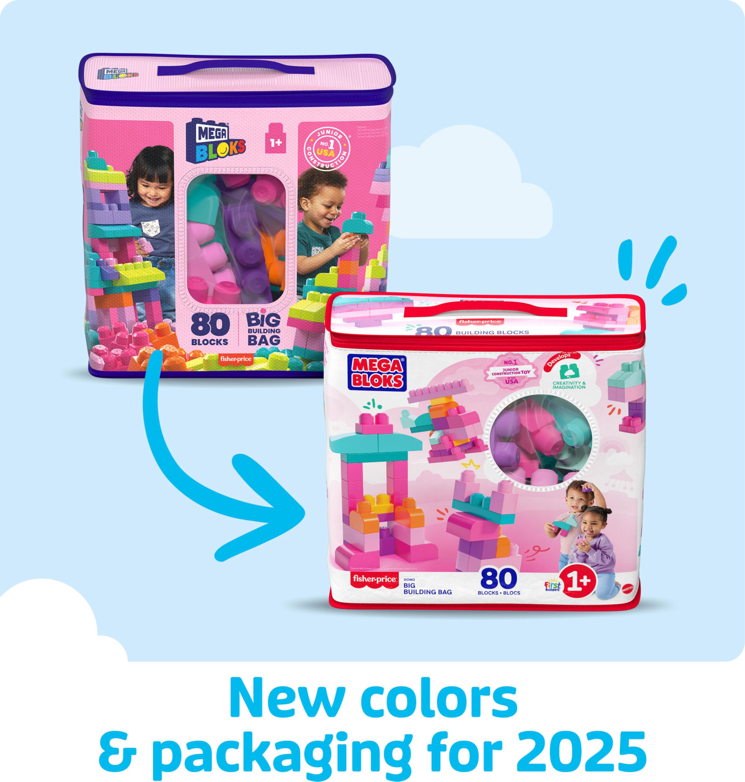 MEGA BLOKS First Builders Toddler Blocks Toys Set, Big Building Bag Collection with 80 Pieces and Storage, Pink, Ages 1+ Years