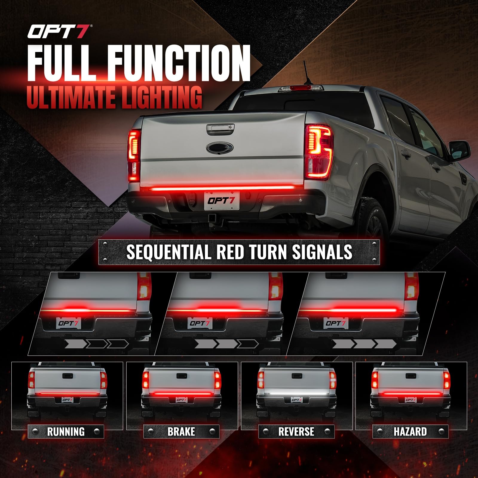 OPT7 Redline Parlux 60" Aluminum Truck Tailgate Light Bar w/Sequential Red Turn - Rigid 2-Section Triple Row LED Light Strip w/Ignition Sequence, Red Running Brake, Triple-Flash White Reverse