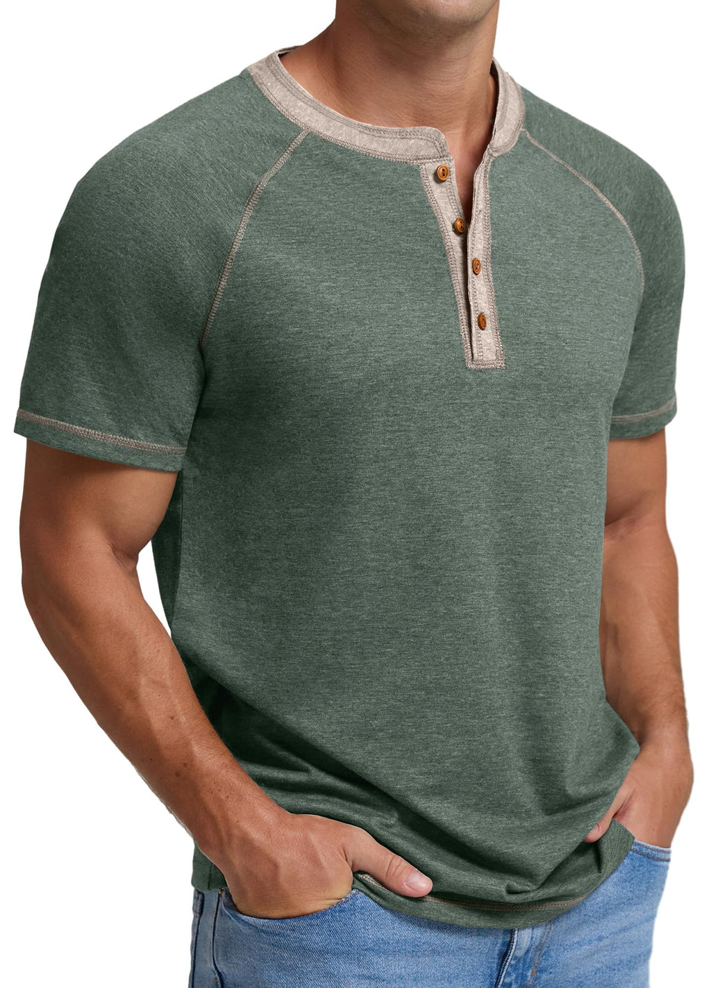 Sailwind Mens Henley Short Sleeve T-Shirt Cotton Casual Shirt Green