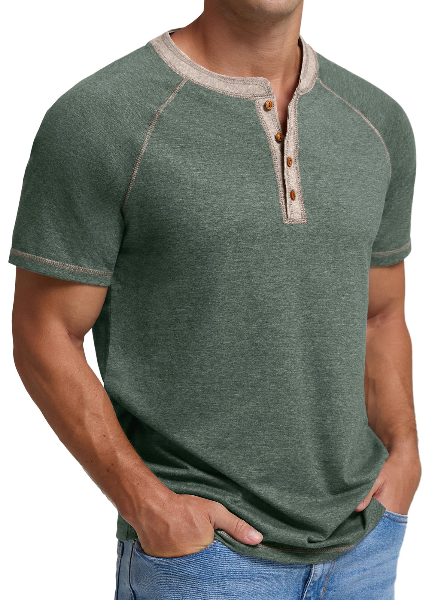Sailwind Mens Henley Short Sleeve T-Shirt Cotton Casual Shirt Green