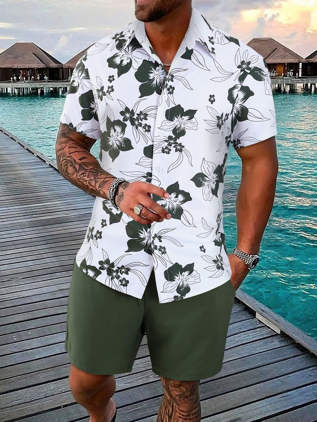 GORGLITTER Men's Vacation Beach Cruise Summer Outfits 2 Piece Shorts Set Hawaiian Button Down Shirt and Shorts Army Green X-Large