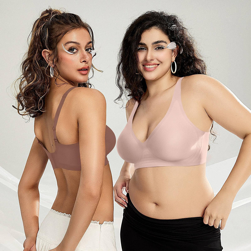 OEAK Womens Deep V Bras Wireless Comfortable Bra Supportive No Underwire Bras Tshirt Push Up Bralettes Plunge Seamless Bra Nude M