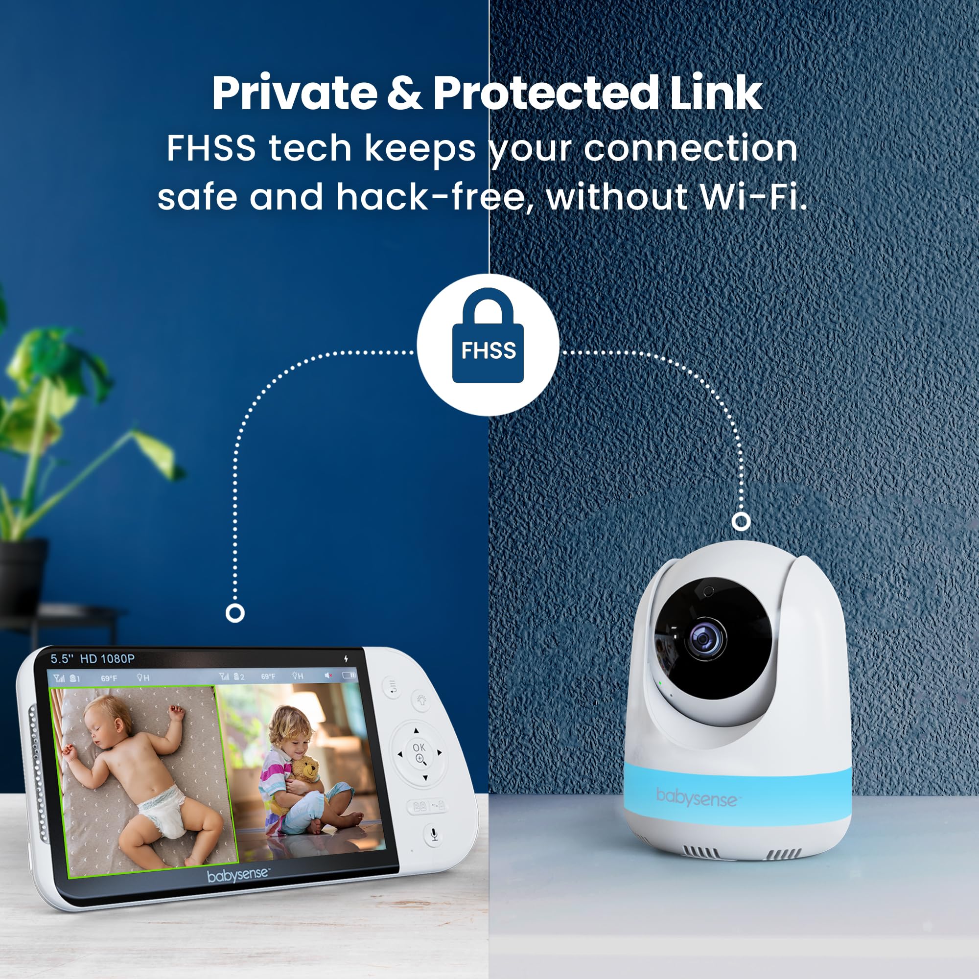 Babysense Full HD 5.5" Split Screen Baby Monitor with 2 Cameras, 6-Color Night Light, White Noise, Sound & Light Machine, 20-Hour Battery, Hack-Proof Non-WiFi Secure Connection