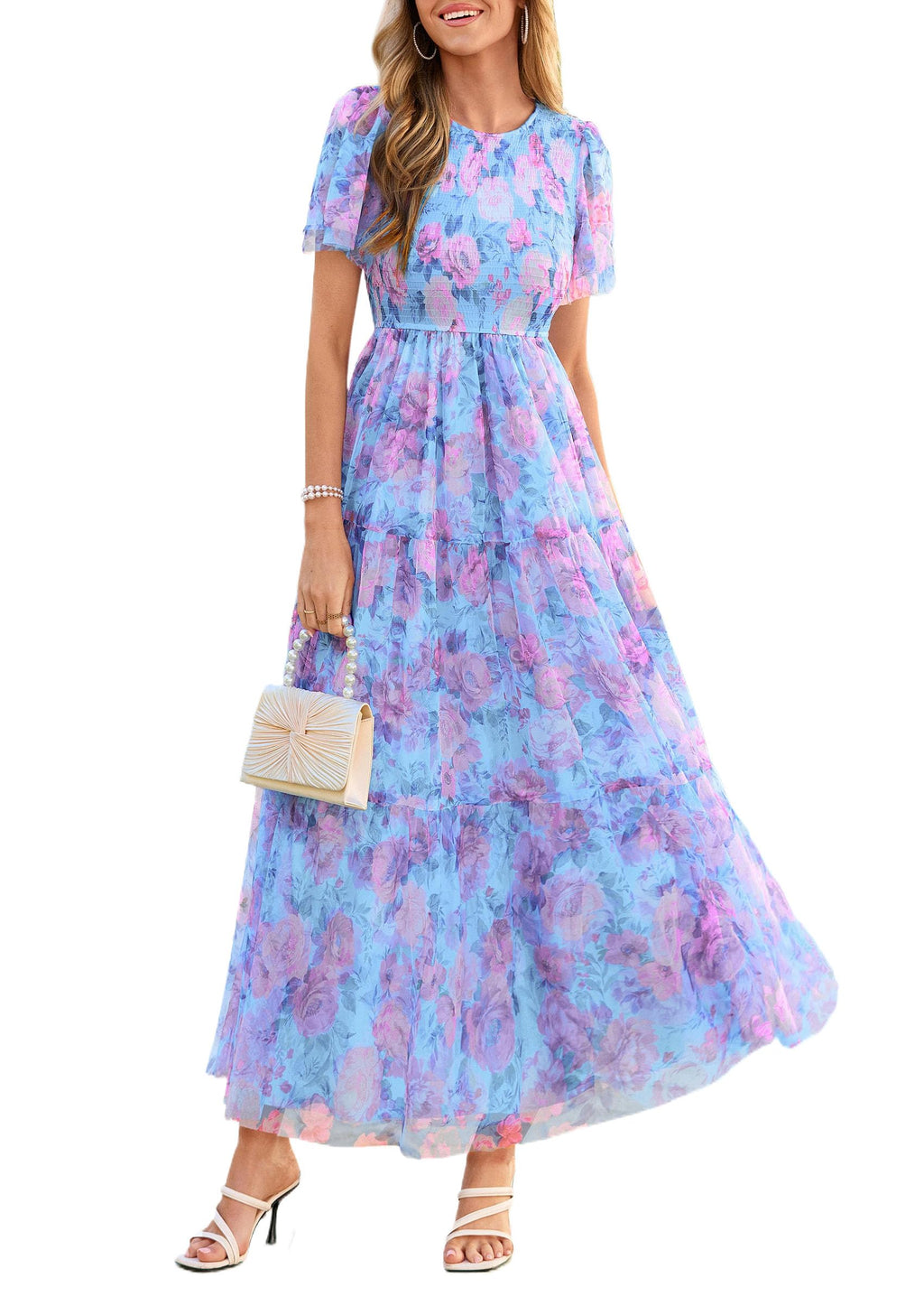 PRETTYGARDEN Tulle Floral Dress Women Summer Wedding Guest 2026 Spring Short Sleeve Maxi Smocked Flowy Beach Party Dresses (Blue Pink Floral,Large)