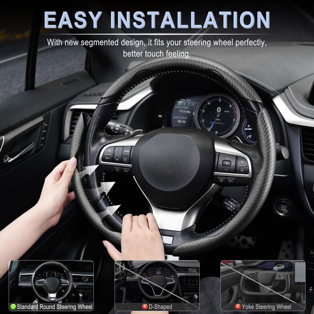Amiss 3pcs Carbon Fiber Anti-Skid Steering Wheel Cover, Waterproof & Segmented Butterfly Design, Universal 99% Vehicle Wheel Cover Protector, Car Interior Accessories, Black