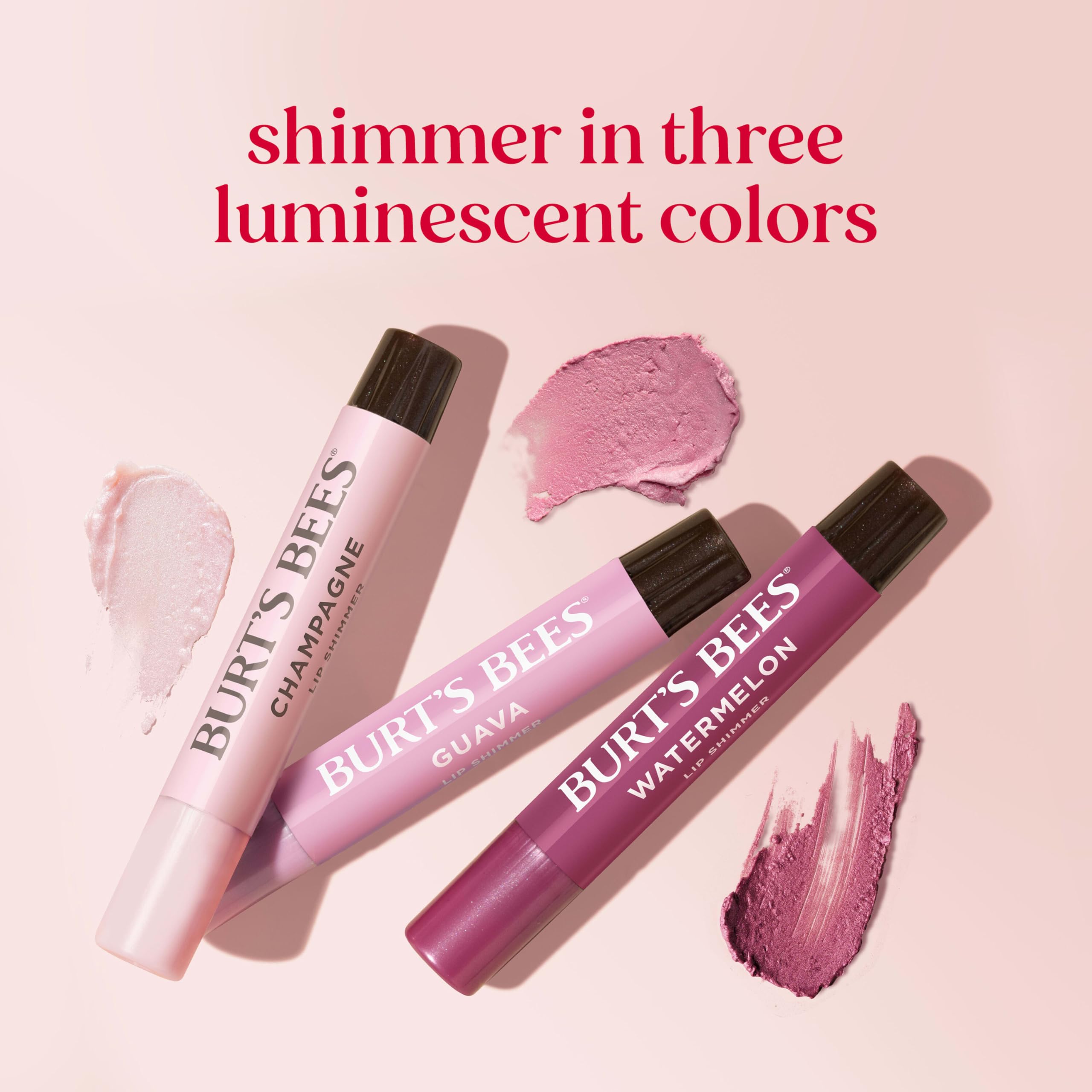 Burt's Bees Lip Shimmer Pink Collection for Valentine's Day Gifts, Tinted Lip Balm Stick, Moisturizing for All Day Hydration with Natural Glowy Pigmented Finish & Buildable Color, Value Pack, 3 Tubes