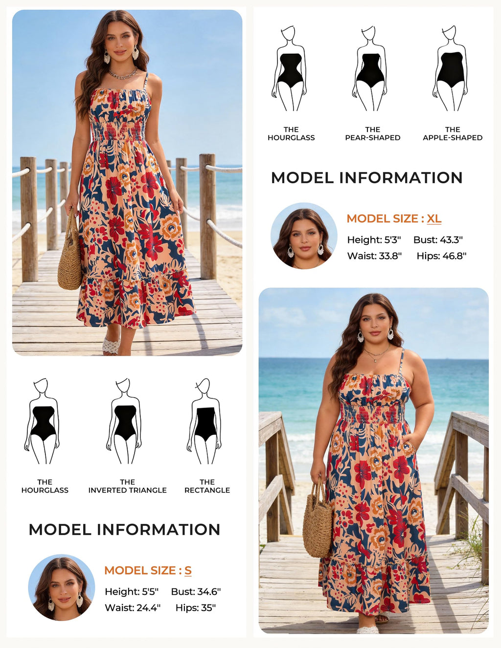 GRACE KARIN Summer Dresses for Women 2026 Vacation,Smocked Floral Maxi Dresses,Boho Beach Long Sundress Navy Brown XL