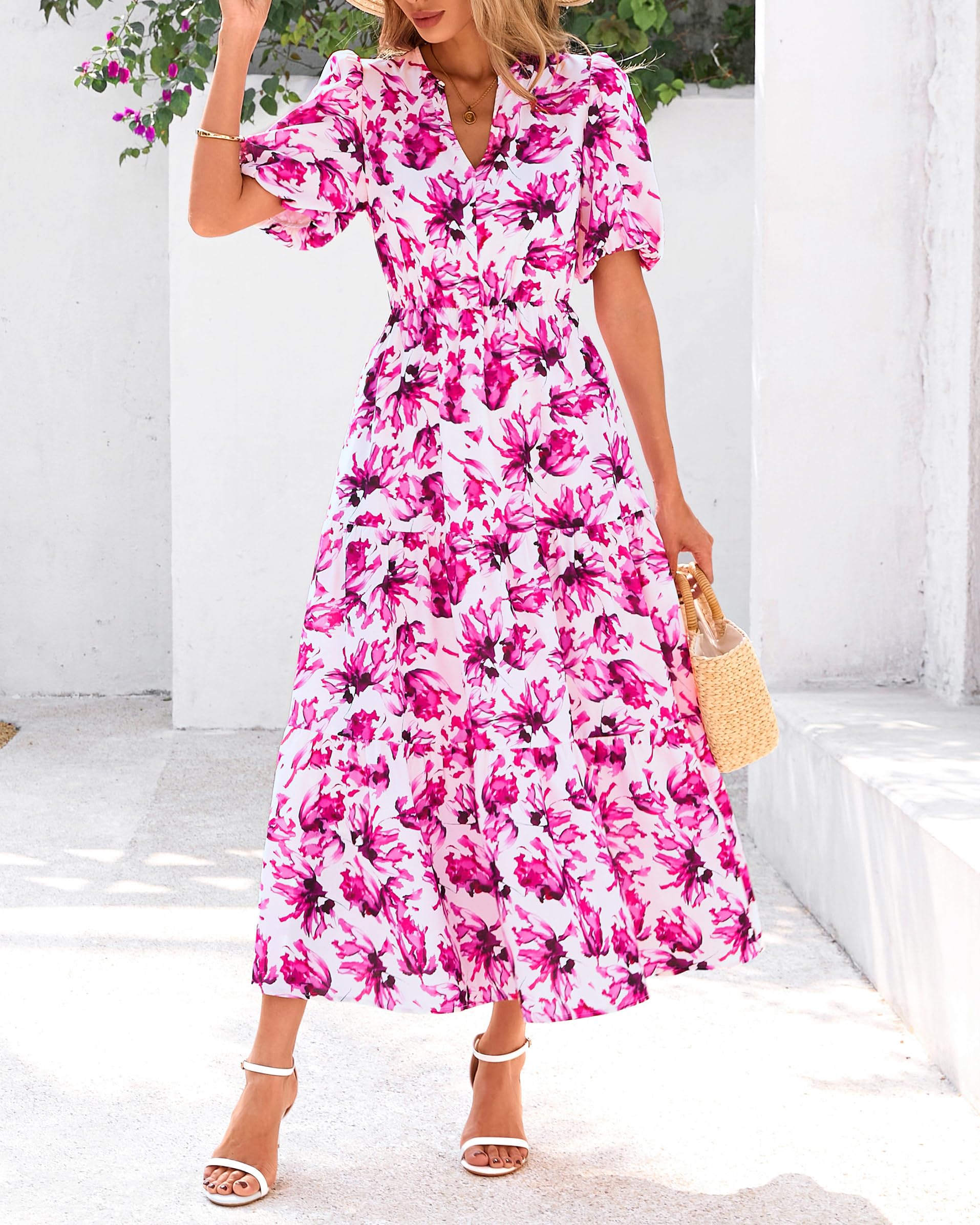 dowerme Womens Summer Dresses 2026 Casual Puff Short Sleeve V Neck Floral Boho Tiered Ruffle Maxi Dress with Pockets(White Purple Pink,Small)